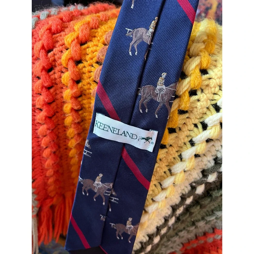 Keeneland Navy Blue Red Equestrian Horses Kentucky Derby Prep Old Money Silk Tie